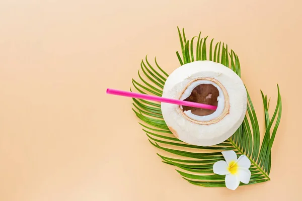 Palm leaf and coconut on pastel orange background, top view. Mockup, overhead. Flat lay image with copy space. Summer and tropical concept — Stock Photo, Image