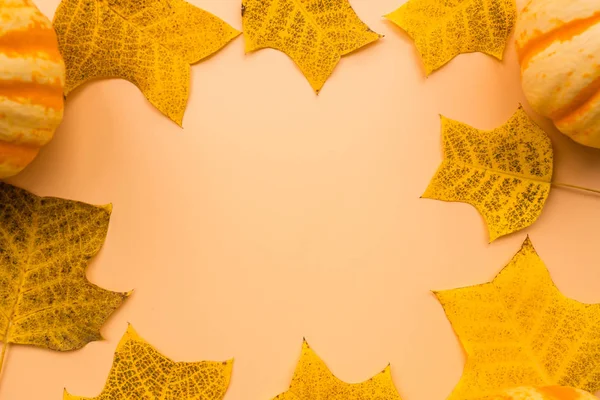 Autumn frame made of pumpkins and fallen leaves on pastel orange background. Fall, Halloween and Thanksgiving concept. Styled stock flat lay photography. Top view. Empty space for your text. — Stock Photo, Image