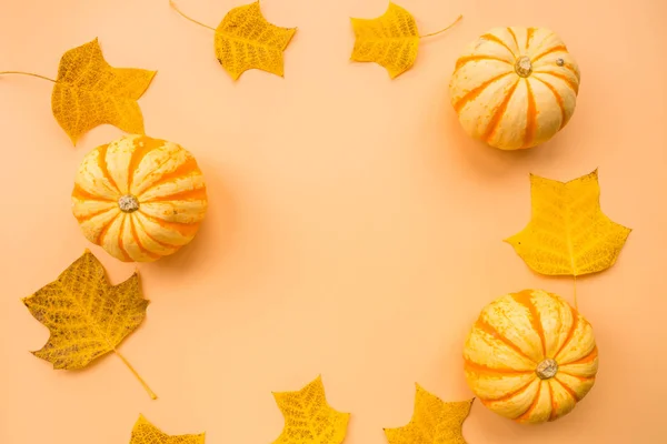 Autumn frame made of pumpkins and fallen leaves on pastel orange background. Fall, Halloween and Thanksgiving concept. Styled stock flat lay photography. Top view. Empty space for your text. — Stock Photo, Image