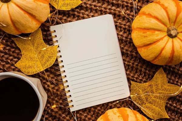 Sonbahar çerçeve kabak, dizüstü bilgisayar, kahve fincan ve kahverengi örme kazak üzerine düşmüş yaprakları yapılmış. Sonbahar, Cadılar Bayramı ve Şükran Günü konsepti. Üst te. Metniniz için boş alan.
