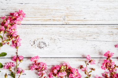 Pembe çiçekli bahar kırsal arka planı. Alanı beyaz tahtaya kopyala. Sevgililer Günü internet satış konsepti, online alışveriş tatili geçmişi. Model, üst görünüm, düz yatış