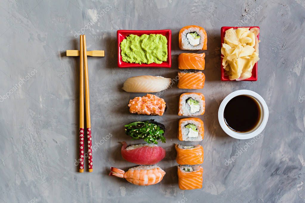 Download Top View On Traditional Japanese Empty With Sushi Ginger Soy Sauce Wasabi Bowl And Chopsticks On Concrete Grey Background Copy Space Mockup Flat Lay Online Food Delivery Concept 301526002 Larastock