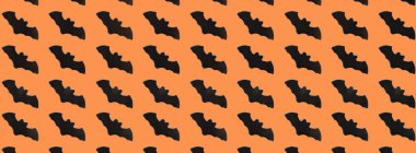 Turuncu arka plan üzerinde Siyah Kağıt Yarasalar. Cadılar Bayramı konsepti. Web tasarımı için Banner. Düz döşeme, üst görünüm, kopyalama alanı, mockup