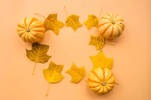 Autumn frame made of pumpkins and fallen leaves on pastel orange background. Fall, Halloween and Thanksgiving concept. Styled stock flat lay photography. Top view. Empty space for your text. — Stock Photo, Image