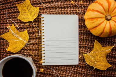 Sonbahar çerçeve kabak, dizüstü bilgisayar, kahve fincan ve kahverengi örme kazak üzerine düşmüş yaprakları yapılmış. Sonbahar, Cadılar Bayramı ve Şükran Günü konsepti. Üst te. Metniniz için boş alan.
