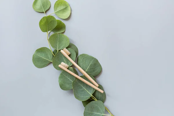 Eco cepillos de dientes de bambú natural plano yacía sobre fondo gris. concepto de estilo de vida sostenible. cero residuos, artículos libres de plástico. detener la contaminación plástica. Vista superior, techo, plantilla, Mockup . — Foto de Stock