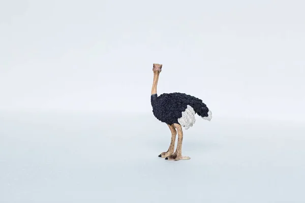 Miniaturfigur von Tieren Spielzeug. Plastik-Straußenspielzeug auf weiß — Stockfoto