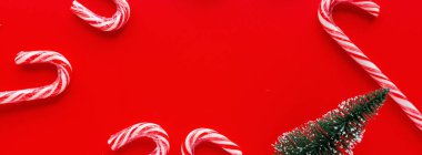 Noel kompozisyonu. Kırmızı arkaplanda şeker kamışı ve köknar ağacı var. Yeni yıl konsepti. Web tasarımı için yatay uzun pankart. Tebrik kartı, kış tatili, kostüm kutlaması 2020. Düz yatıyordu, üst