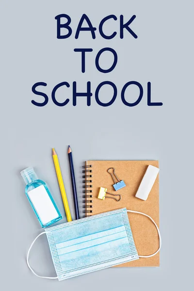 School Supplies Medical Face Mask Gray Background Protection Schoolchildren Students — Stock Photo, Image