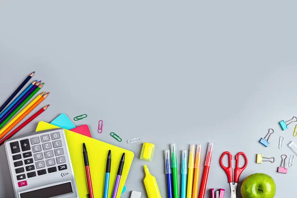 Back to School background with place for text. Collection of school supplies in a bright flat style. Educational concept. Copy space, mockup, template