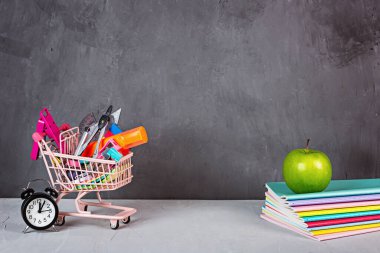 Market arabasıyla okul geçmişine dönüyorum. Okul malzemeleri koleksiyonu. Eğitici bir kavram. Boşluğu, maketi, şablonu kopyala.