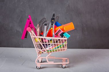 Market arabasıyla okul geçmişine dönüyorum. Okul malzemeleri koleksiyonu. Eğitici bir kavram. Boşluğu, maketi, şablonu kopyala.