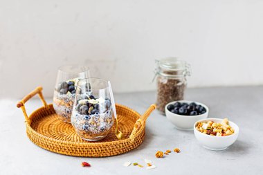 Granola ve taze yaban mersinli Chia pudingi. Fotokopi alanı olan gri beton arka planda. Sağlıklı beslenme, sağlıklı yaşam tarzı, diyet, fitness menüsü. Seçici odak