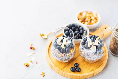 Granola ve taze yaban mersinli Chia pudingi. Fotokopi alanı olan gri beton arka planda. Sağlıklı beslenme, sağlıklı yaşam tarzı, diyet, fitness menüsü. Seçici odak