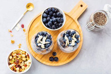Granola ve taze yaban mersinli Chia pudingi. Fotokopi alanı olan gri beton arka planda. Sağlıklı beslenme, sağlıklı yaşam tarzı, diyet, fitness menüsü. Seçici odak