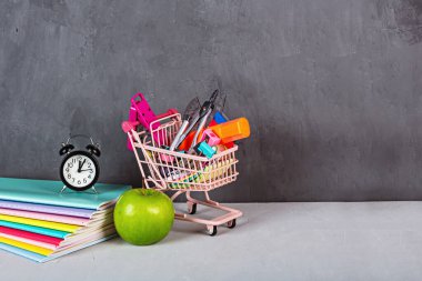 Market arabasıyla okul geçmişine dönüyorum. Okul malzemeleri koleksiyonu. Eğitici bir kavram. Boşluğu, maketi, şablonu kopyala.