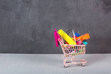 Market arabasıyla okul geçmişine dönüyorum. Okul malzemeleri koleksiyonu. Eğitici bir kavram. Uzayı kopyala, modelle, şablonla. Yüksek kalite fotoğraf