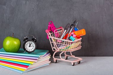 Market arabasıyla okul geçmişine dönüyorum. Okul malzemeleri koleksiyonu. Eğitici bir kavram. Uzayı kopyala, modelle, şablonla. Yüksek kalite fotoğraf