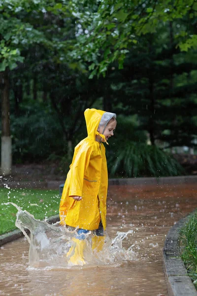 Cute Little Girl Yellow Raincoat Rubber Boots Walking Outdoor Rain — Stock Photo, Image