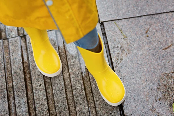 Cute Little Girl Yellow Raincoat Rubber Boots Walking Outdoor Rain — Stock Photo, Image