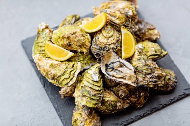 Dilimlenmiş limon ve buzla kaplanmış taze istiridye. Sağlıklı deniz ürünleri. Gurme yemeği. Düz konum, üst görünüm, model, genel görünüş, kopyalama alanı ile şablon. İnternetten sipariş ve yemek teslimatı. Yüksek kalite fotoğraf