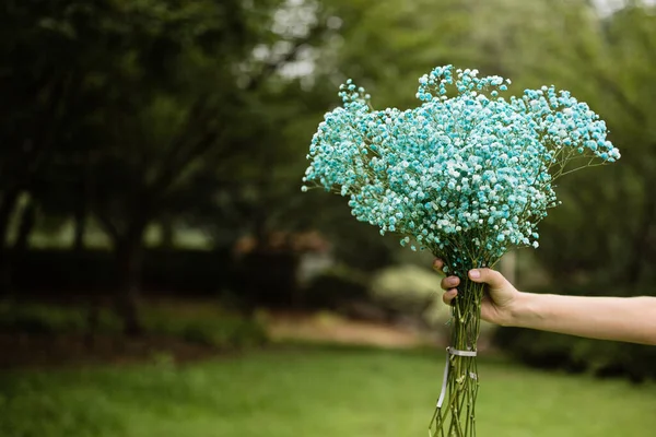 Hand holding bouquet of blue flowers. Online order, flowers delivery during covid-19 coronavirus pandemic quarantine concept. High quality photo