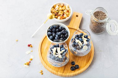 Granola ve gri beton arka planda taze yaban mersinli Chia pudingi. Sağlıklı beslenme, sağlıklı yaşam tarzı, diyet, fitness menüsü. Seçici odaklanma. Yüksek kalite fotoğraf