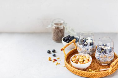 Granola ve gri beton arka planda taze yaban mersinli Chia pudingi. Sağlıklı beslenme, sağlıklı yaşam tarzı, diyet, fitness menüsü. Seçici odaklanma. Yüksek kalite fotoğraf
