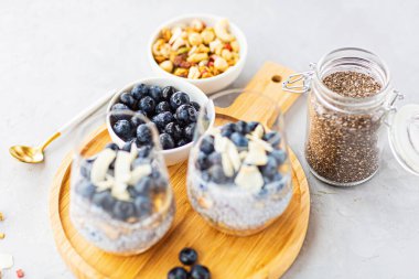 Granola ve gri beton arka planda taze yaban mersinli Chia pudingi. Sağlıklı beslenme, sağlıklı yaşam tarzı, diyet, fitness menüsü. Seçici odaklanma. Yüksek kalite fotoğraf