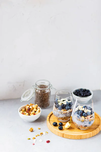 Chia Pudding Granola Fresh Blueberries Glasses Gray Concrete Background Concept — Stock Photo, Image