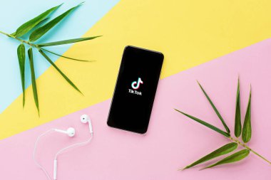 Changxing, Çin, 16 Haziran 2020: Düz görünüm çalışma alanının akıllı telefon, kulaklık ve pastel arka planda yeşil yapraklı mozaik fotoğrafı sergilendi. Tik Tok uygulaması konseptini kullanarak. Yüksek kalite fotoğraf