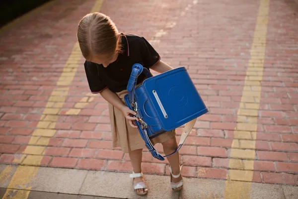 Back School Little Girl Elementary School Outdoor Kid Going Learn — Stock Photo, Image