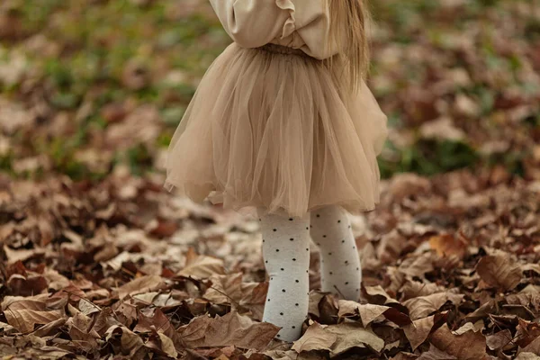 Linda Niña Elegante Caminando Parque Otoño Moda Otoño Para Niños —  Fotos de Stock