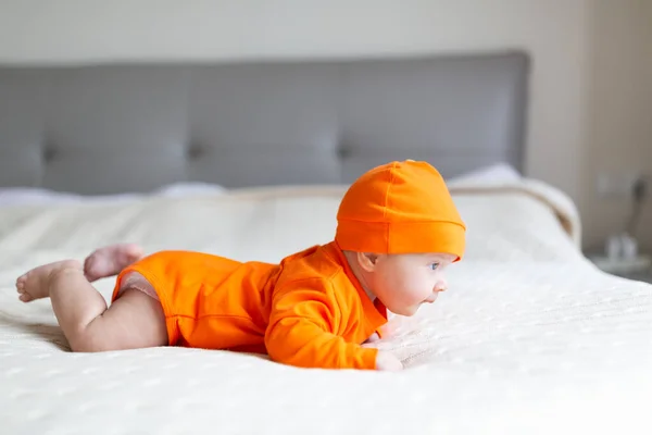 Hoge hoek uitzicht op baby in pompoen kostuum. Happy Kid twee maanden oud in oranje Halloween kostuum op bed — Stockfoto