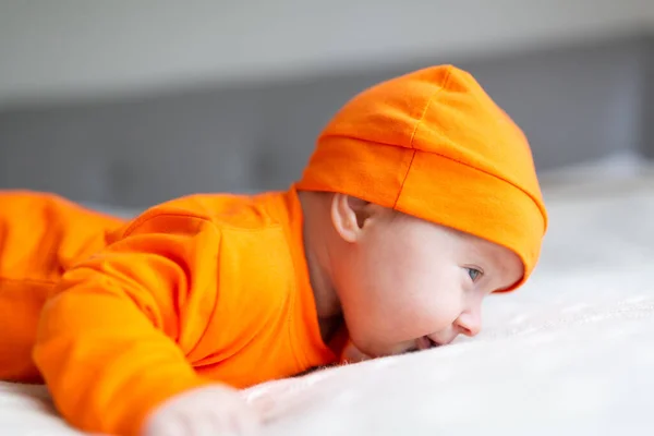 Vista de ângulo alto do bebê em traje de abóbora. Happy Kid dois meses de idade em laranja traje de Halloween na cama — Fotografia de Stock
