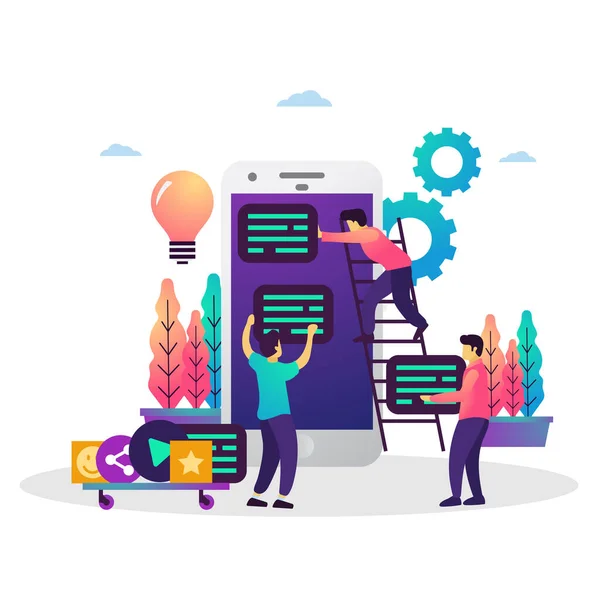 Vektor Platt Illustration Arbetar Team Mobilapp Utveckling Lämplig För Web — Stock vektor