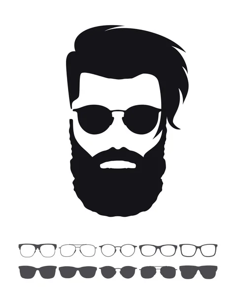 Set Moda Hipster Faccia Barbuto Avatar Silhouette Tagli Barbe Occhiali — Vettoriale Stock