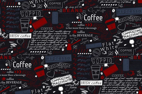 Texto Lettering Coffee Cafe Termos Fundo Padrão Vetor Sem Costura — Vetor de Stock