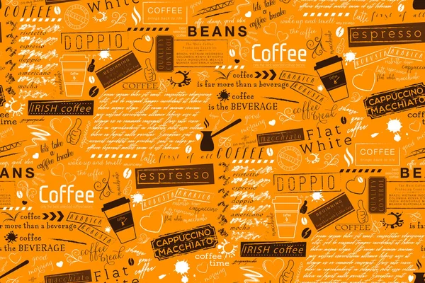 Texto Lettering Coffee Cafe Termos Fundo Padrão Vetor Sem Costura — Vetor de Stock