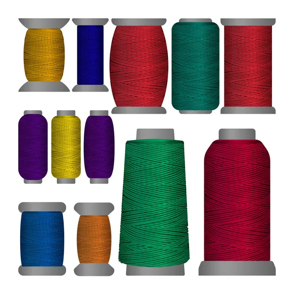 Hilos Costura Carretes Diferentes Formas Conjunto Vectores Bobinas Aisladas Color — Archivo Imágenes Vectoriales