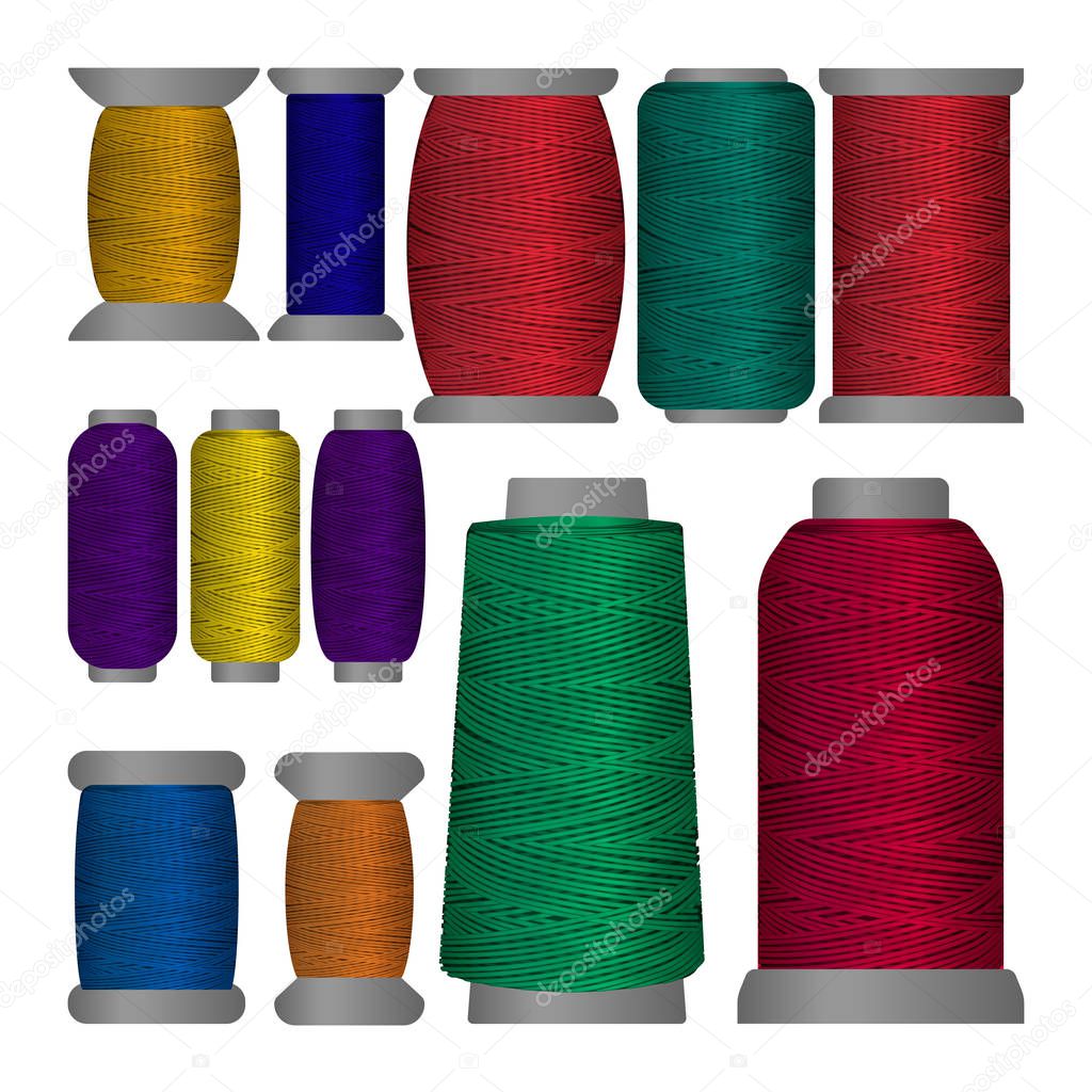Sewing Threads on Different Shape Spools. Vector Set Isolated Coils. Colored