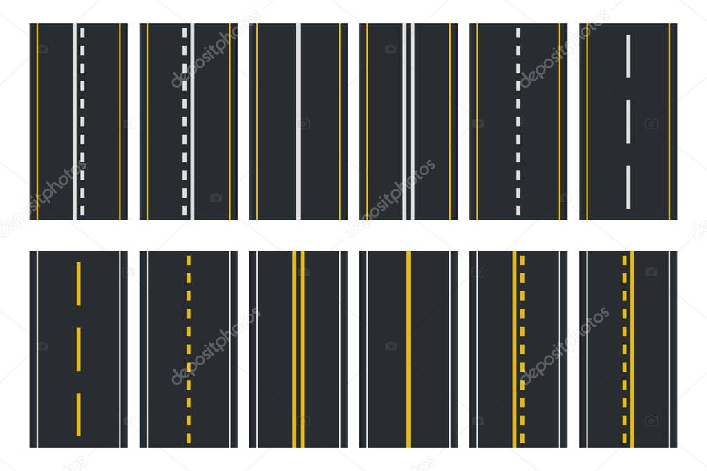 Set of Seamless Road Types. Highway Top View. Vector