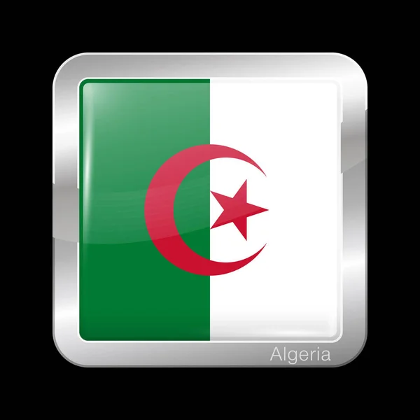 Flag of Algeria. Glossy and Metal Icon Square Shape. Vector — Stock Vector