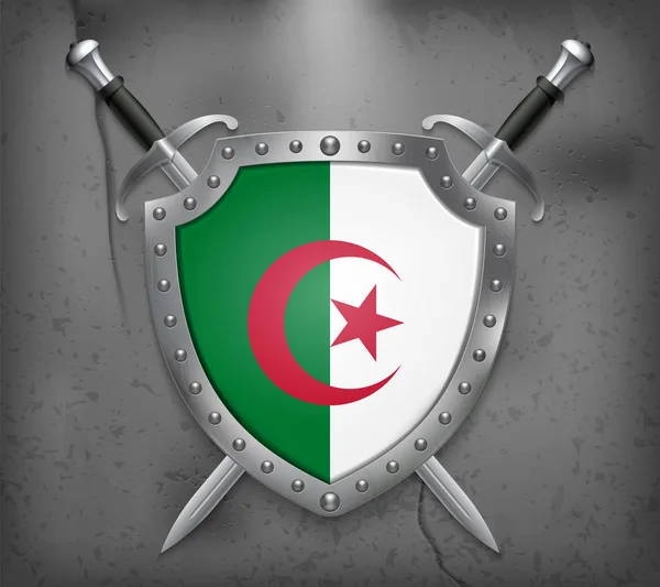 Σημαία της Αλγερίας. Η ασπίδα με την εθνική σημαία. Δύο σταυρωτά Σουάν — Διανυσματικό Αρχείο