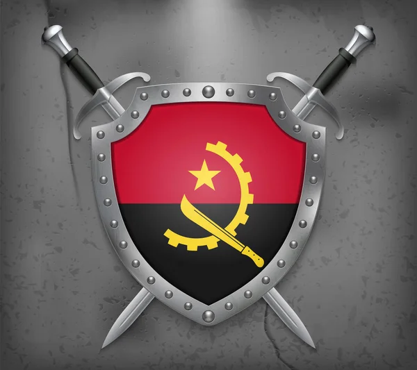 Flagge von Angola. Schild mit Nationalflagge. zwei gekreuzte Schwerter — Stockvektor