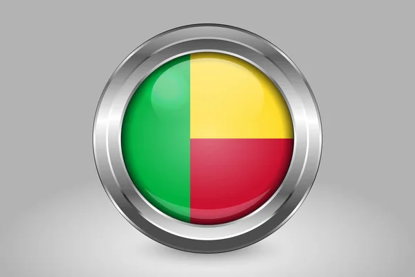 Flagge von Benin. Metall und Glas rundes Vektor-Symbol. isoliert — Stockvektor