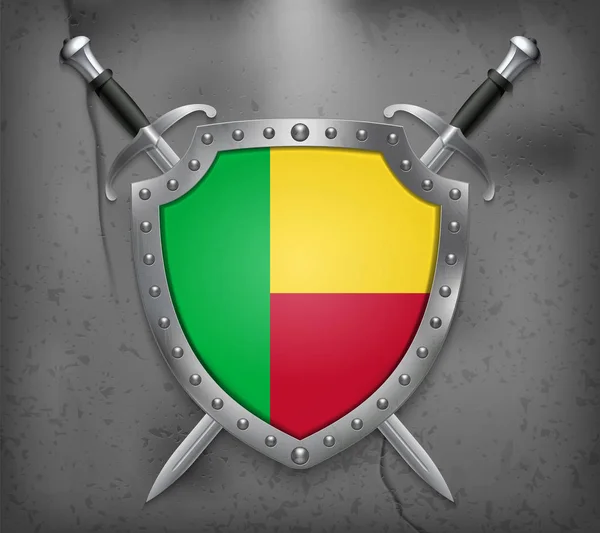 Flagge von Benin. Schild mit Nationalflagge. zwei gekreuzte Schwerter — Stockvektor