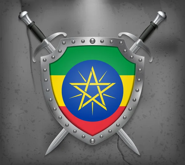 Flag of Ethiopia. The Shield with National Flag. Two Crossed Swo — Stock Illustration Flag of Ethiopia. The Shield with National Flag. Two Crossed Swo Vector Graphics