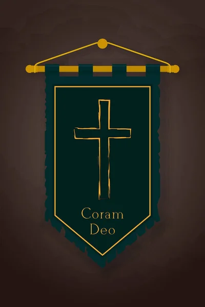 Pennant Medieval Bandeira Com Cruz Cristã Inscrição Coram Deo Banner —  Vetores de Stock