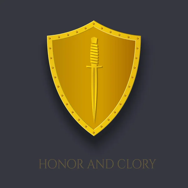 Dolch Auf Schild Gold Emblem Militärisches Kampfmesser Vorhanden Logo Oder — Stockvektor